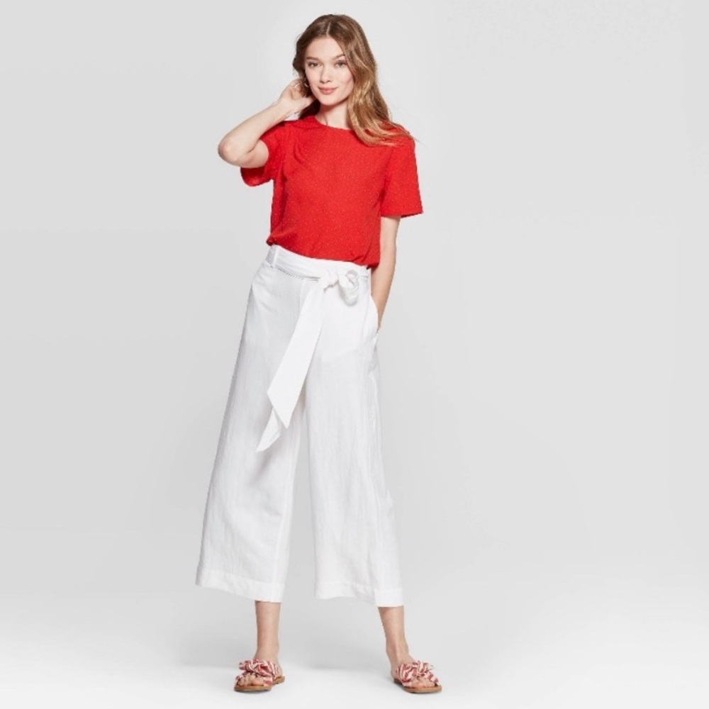 A New Day Red Polka Dot Short Sleeve Blouse w/Keyhole Back